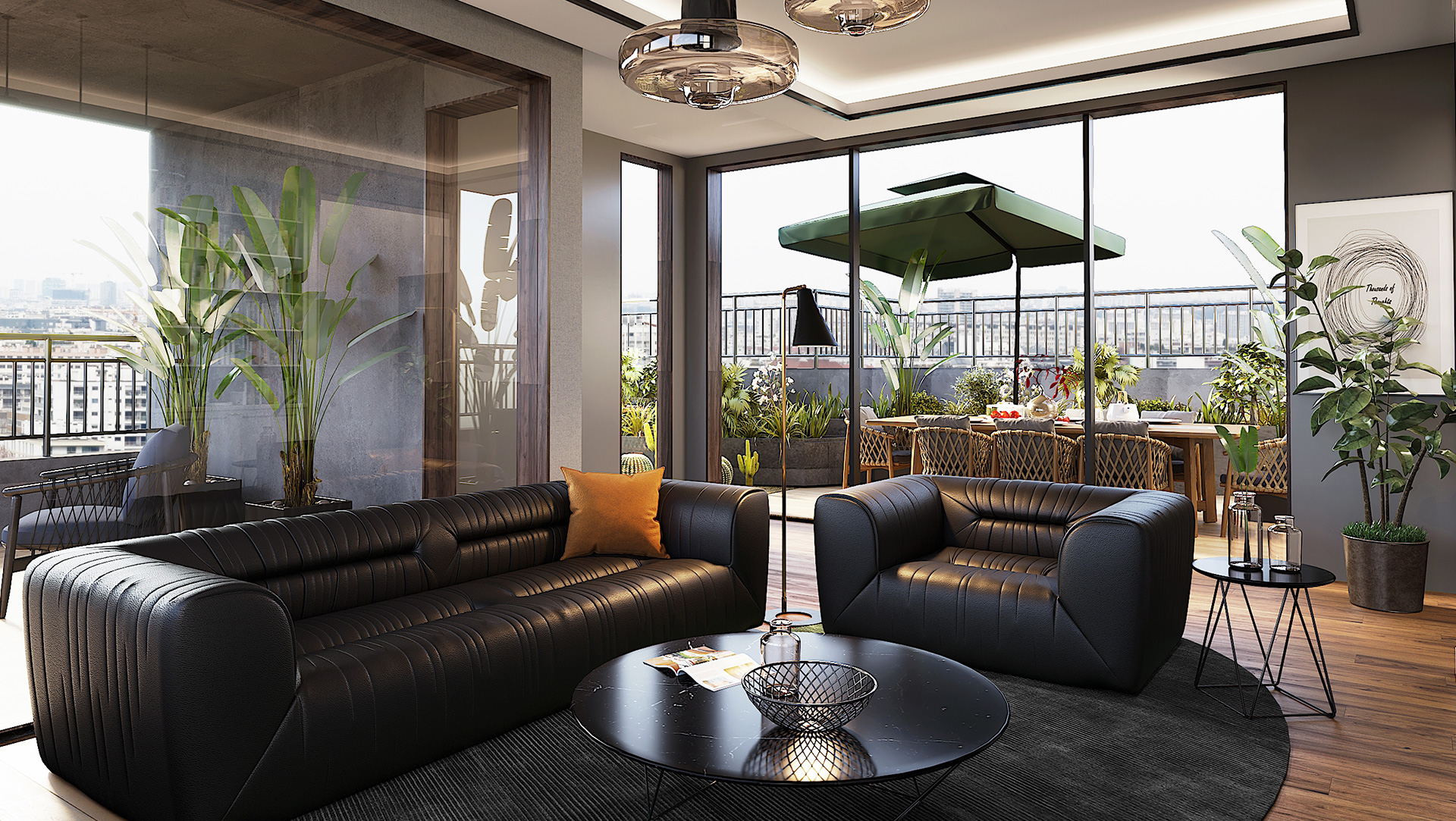 Sala de estar contemporânea com sofás de couro, terraço e vista cidade