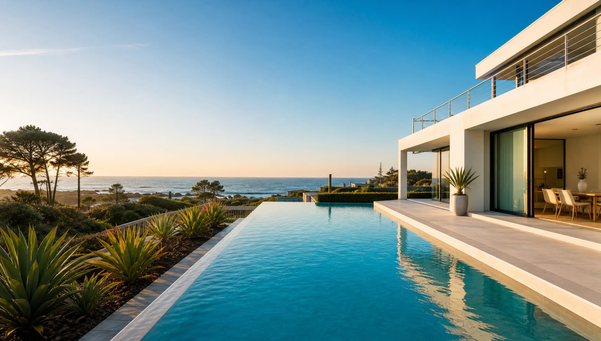 Arquitetura moderna com piscina e vista para o Atlântico na região do Porto